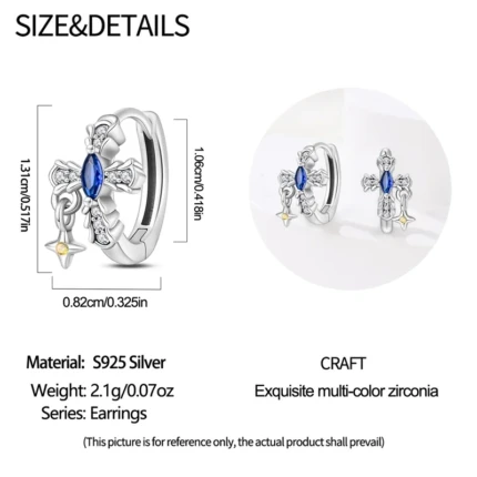 les dimensions de la boucle d`oreille croix diamants bleus