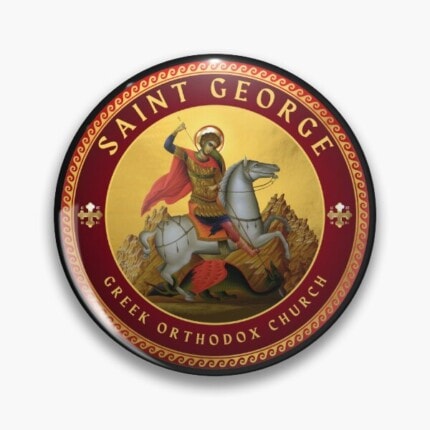 Icône de Saint Georges à cheval, symbole de courage et de foi orthodoxe grecque.