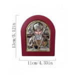Icône Saint Nicolas en relief avec cadre rouge et détails dorés.