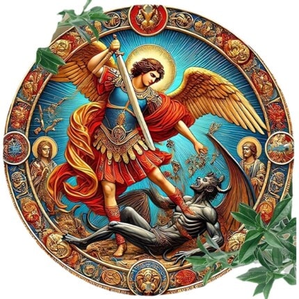 Icone de Saint Michel combattant le diable avec une épée.