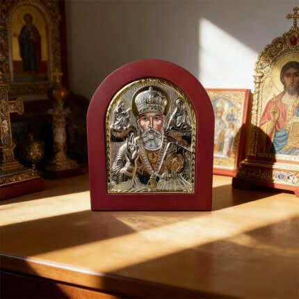 Icône de Saint Nicolas en métal avec cadre rouge et détails dorés.