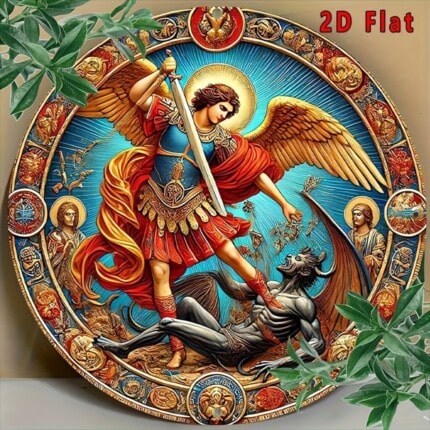 Représentation de Saint Michel terrassant le diable, style 2D flat, avec détails colorés et symboles.